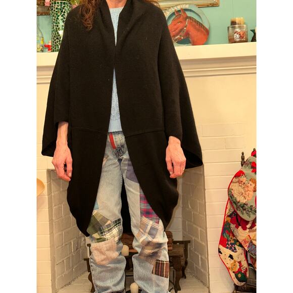 VINTAGE PORTOLANO BLACK SLEEVED CASHMERE WOOL CAPE CARDIGAN WRAP - Picture 1 of 6